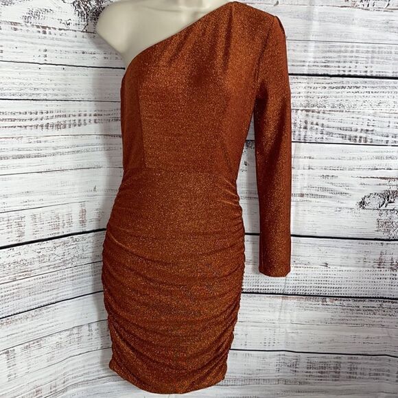 Abyss by abby Dress Womens Small one sleeve ruched back zipper Metallic Bodycon - Picture 6 of 14